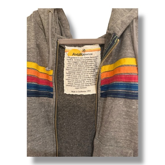Aviator Nation Hoodie Womens XS Gray Full Zip 5 Stripe Rainbow USA Teen Retro - Picture 4 of 7